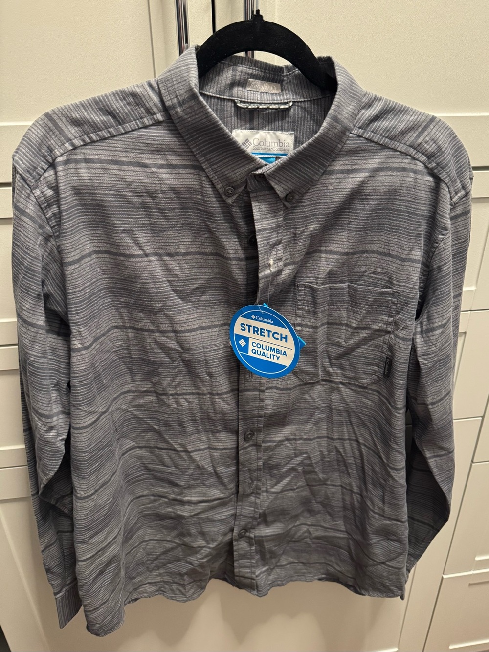 NWT Columbia Cooper Lake Mens Medium Gray Stripe Stretch Long Sleeve Button Down